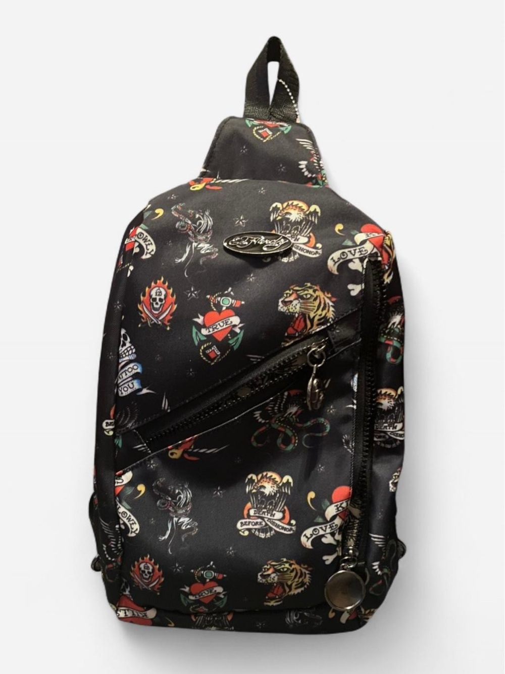 Ed Hardy Black Tattoo-Print Crossbody Sling Backpack with Multicolor Accents
